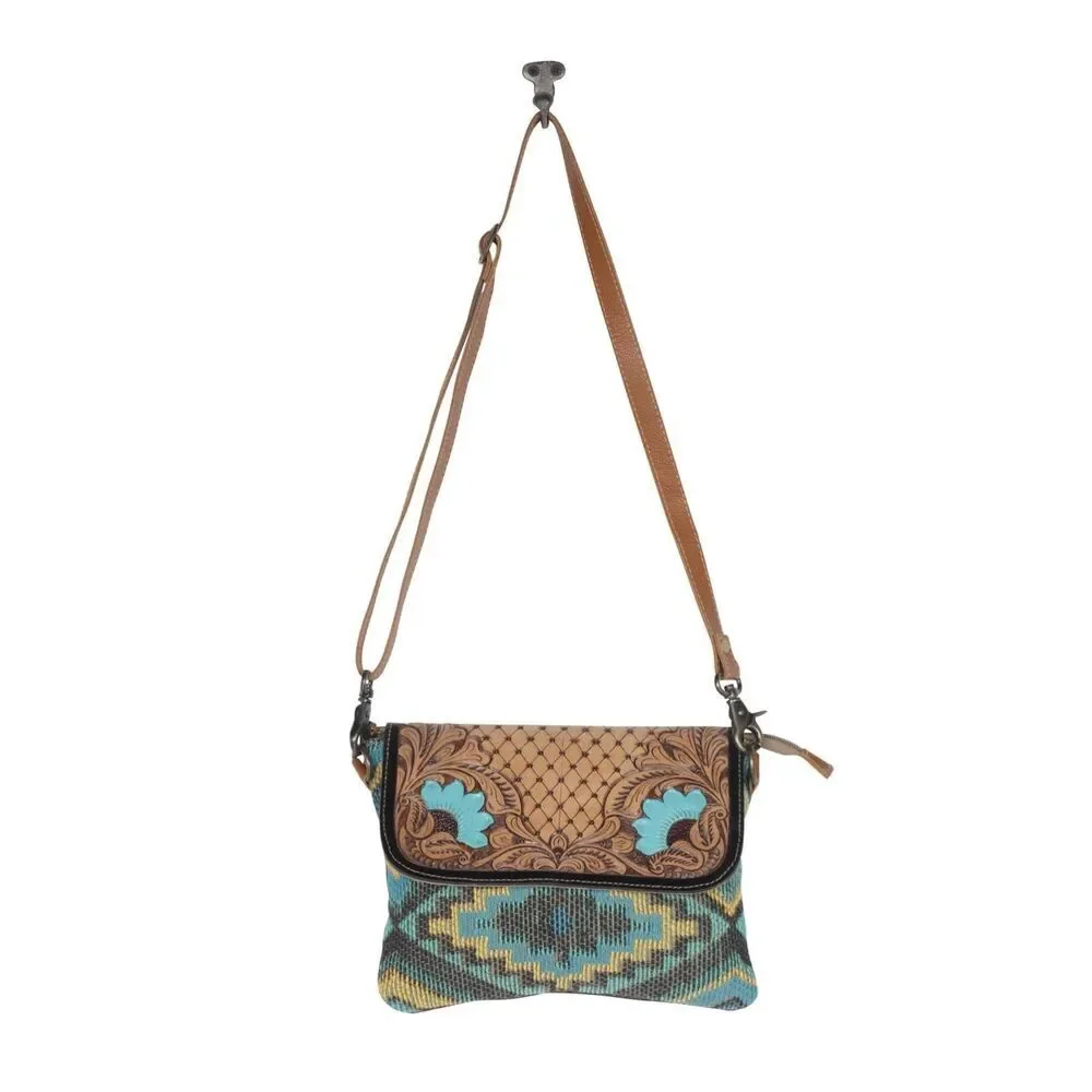 Myra Bag Handmade Meraki Hand Tooled Bag Upcycled Canvas & Cowhide Leather